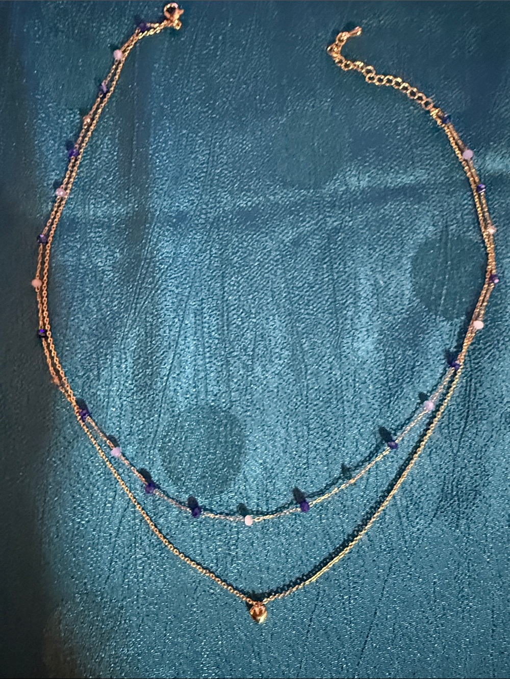Gold Sterling silver Layered Necklace with Blue and Pink Beads